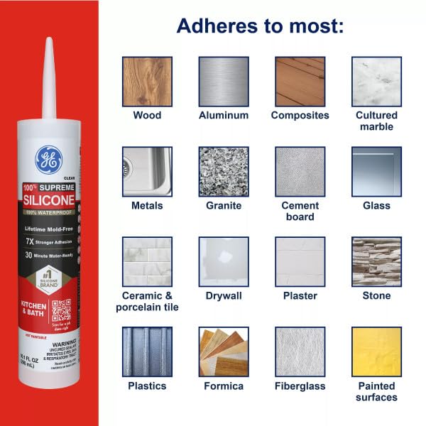 GE Supreme - Calafateo de silicona para cocina y baño, transparente, cartucho de 10 fl oz, 1 paquete - Sellador de silicona 100% impermeable, 7 veces más fuerte, a prueba de encogimiento y grietas