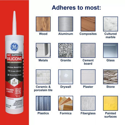 GE Supreme - Calafateo de silicona para cocina y baño, transparente, cartucho de 10 fl oz, 1 paquete - Sellador de silicona 100% impermeable, 7 veces más fuerte, a prueba de encogimiento y grietas