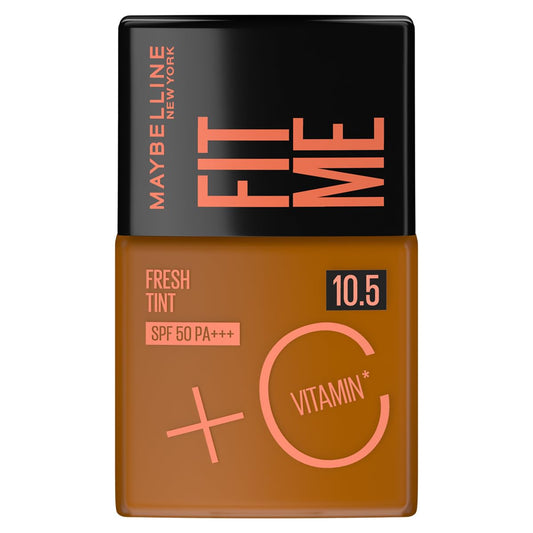 Maybelline Base de maquillaje Fit Me Fresh Tint 10.5, 30 ml, larga duración, alta cobertura, para todo tipo de piel, fórmula con Vitamina C y protector solar FPS50