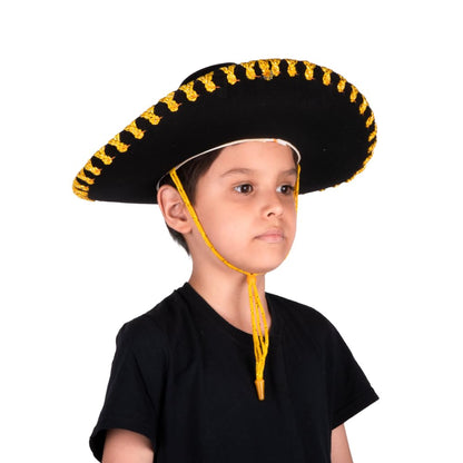 REV Sombrero de Charro Oro Chico Niño Sombrero Mexicano Tradicional Disfraz Charro Infantil para Fiestas Patrias Halloween Carnaval Eventos Culturales Accesorio Mexicano