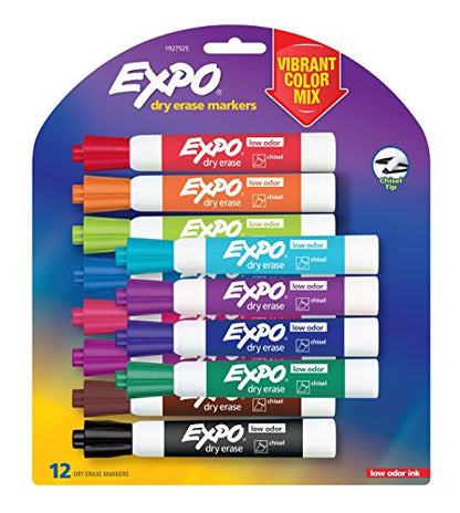 EXPO Marcadores de Borrado en Seco, Tinta de Bajo Olor, Colores Surtidos, Punta Cincel, Paquete de 12