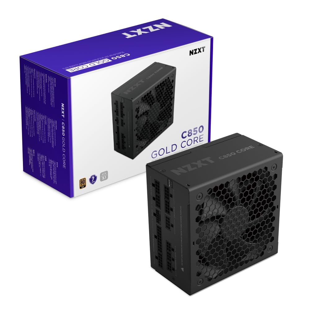NZXT C850 Gold Core - Fuente de alimentación ATX 3.1 de 850 W - 80 Plus Gold - Cybenetics Platinum - Totalmente Modular - PCIe 5.1 600W 12V-2x6 - Ventilador Zero RPM - Condensadores de 105°C - Negro