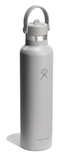 Hydro Flask - Botella de agua de acero inoxidable aislada, tapa estándar con popote, no derrama, a prueba de fugas en 24 onzas, color gris abedul