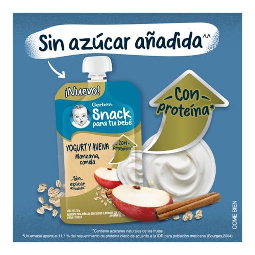 Gerber Snack Para Bebé, A Partir de los 12 Meses, Con Proteína y Sin Azúcar Añadida, Manzana Canela con Yogurt y Avena, Caja con 12 Pouches de 95 g c/u