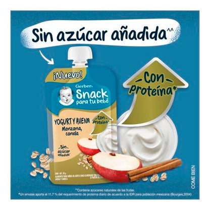 Gerber Snack Para Bebé, A Partir de los 12 Meses, Con Proteína y Sin Azúcar Añadida, Manzana Canela con Yogurt y Avena, Caja con 12 Pouches de 95 g c/u