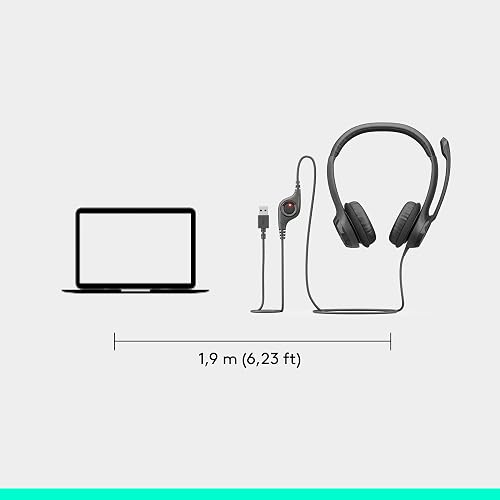 Logitech H390 Diadema con Cable, Sonido Estéreo y Micrófono USB con Supresión de Ruido, Controles Integrados en el Cable, PC/Mac/Laptop/Chromebook - Negro