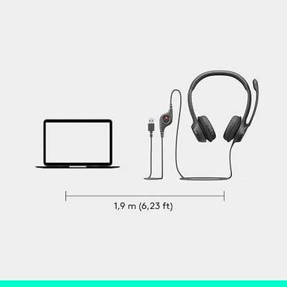 Logitech H390 Diadema con Cable, Sonido Estéreo y Micrófono USB con Supresión de Ruido, Controles Integrados en el Cable, PC/Mac/Laptop/Chromebook - Negro