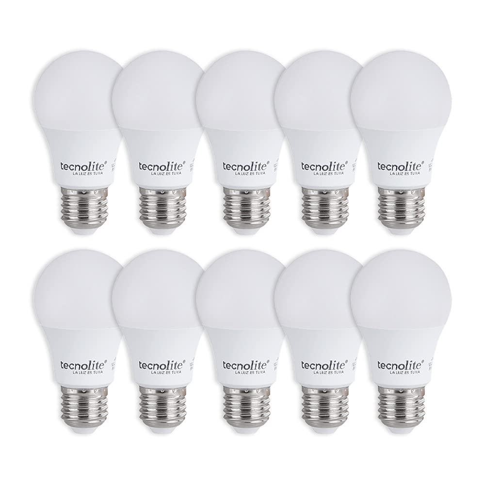 Tecnolite - Paquete de 10 Focos Ahorradores, Foco LED A19, Color Blanco 5 W, Base E27, 450 lumens, Luz de Día 6500 K, 100 - 240 V, Protegidos en Caja Individual