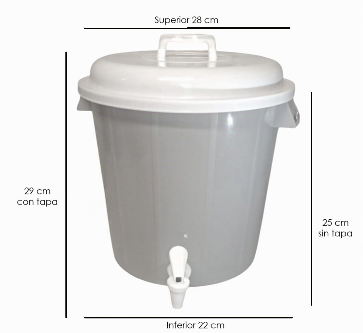 Plasvic. Bote Multifuncional de Plástico con Llave, Tapa y Asas. Perfecto para Cocina, Almacenamiento de Agua y Alimentos. Color Gris claro, tapa y llave blanca.