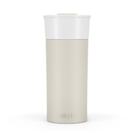 Ello Ogden - Taza de viaje de cerámica de 16 onzas con tapa deslizante resistente a salpicaduras y funda protectora de silicona, perfecta para café o té, sin BPA, apta para lavaplatos, mineral