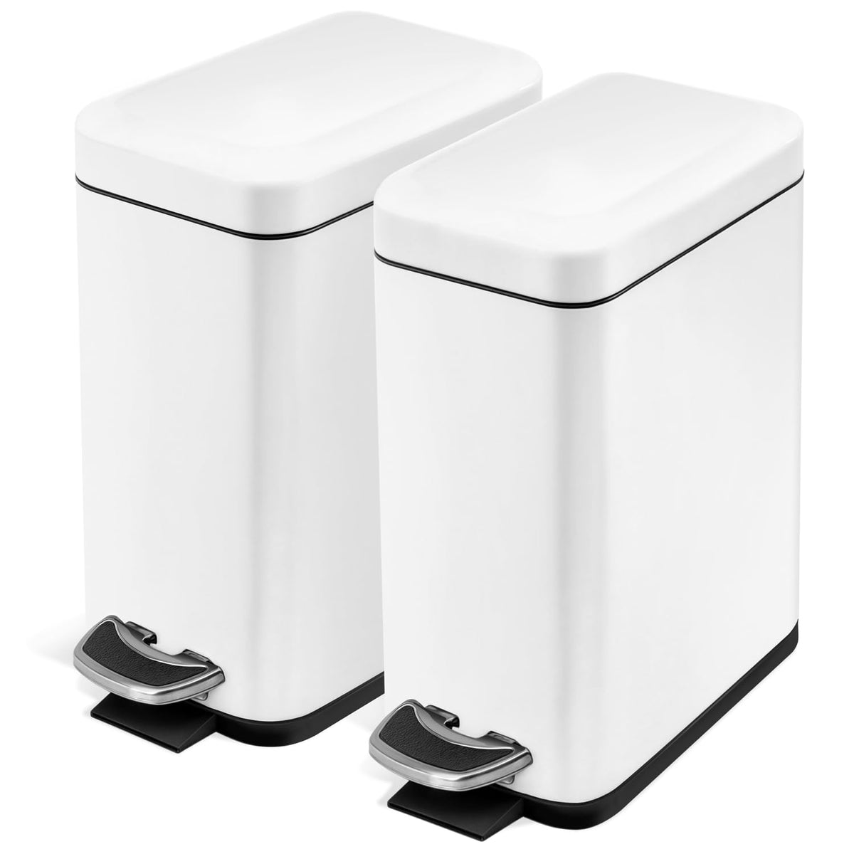 Home Zone Living - Juego de 2 cubos de basura pequeños de 1.3 galones, color blanco con tapa y pedal, papelera de acero inoxidable con diseño delgado para el hogar y la oficina, 5 litros