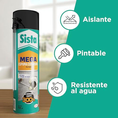 Sista Espuma Expansiva Universal, espuma de poliuretano para sellar y rellenar grandes espacios, sellador en espuma para aislamiento acústico, térmico, y más, Lata, 1X750ml