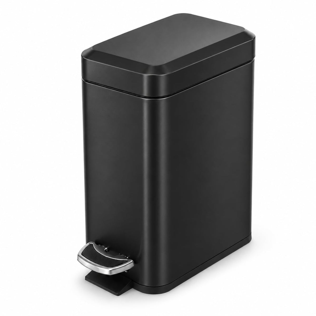 Home Zone Living - cubeta de basura pequeño de 1.3 galones con tapa y pedal, papelera de acero inoxidable con diseño delgado para el hogar y la oficina, negro mate, 5 litros