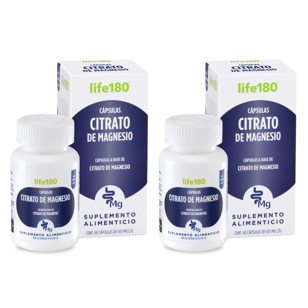 Life180 Dúo Citrato de Magnesio Pack de 2 Piezas, 60 Cápsulas C/U | Suplemento Alimenticio para el Soporte Muscular, Activación de energía y Bienestar Digestivo