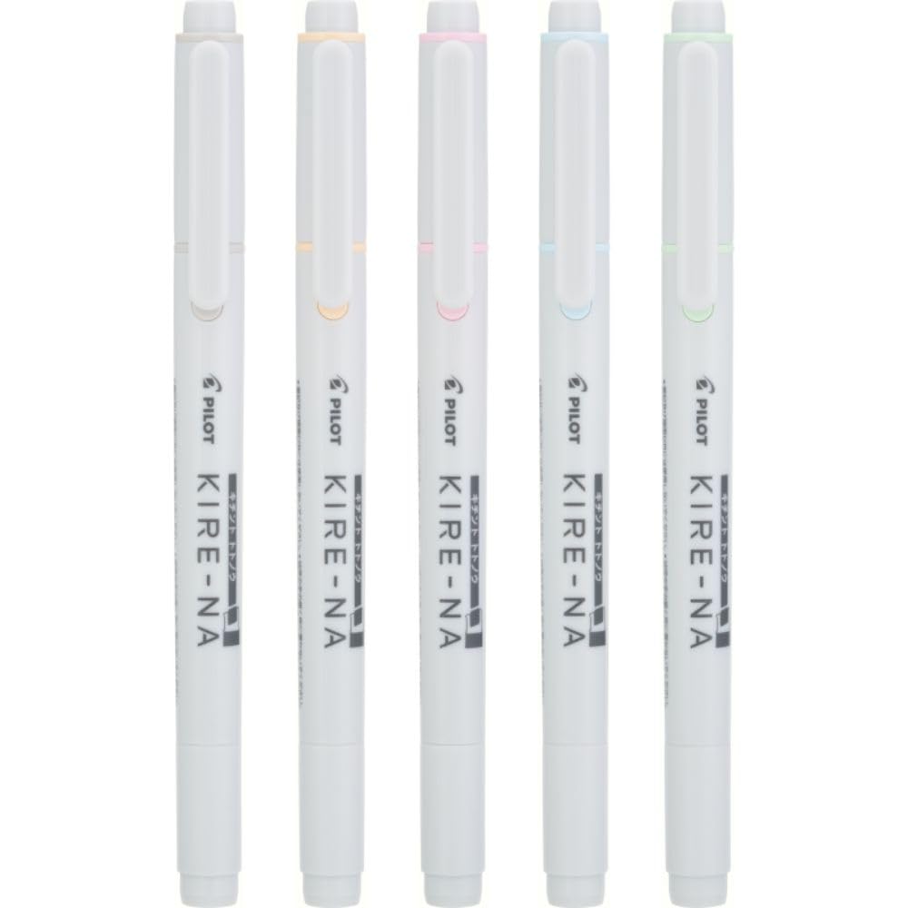 PILOT KIRE-NA Marcatextos 5 Colores Pasteles, Punta Doble con Guía, Secado Rápido, Líneas Precisas, Paquete de 5