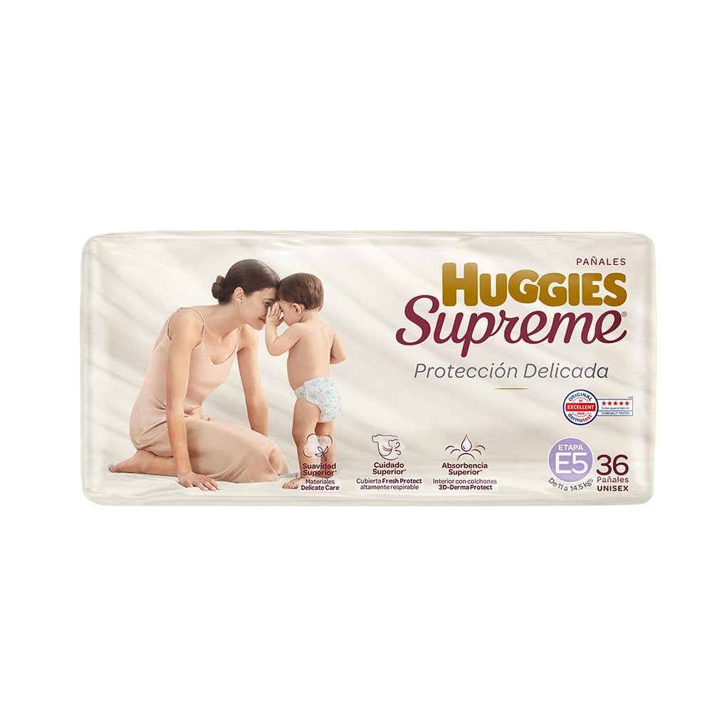 Pañal Huggies Supreme, unisex con 36 pzs, etapa 5, para bebés de hasta 11 a 14.5 kg. Único clinica y dermatologicamente probado