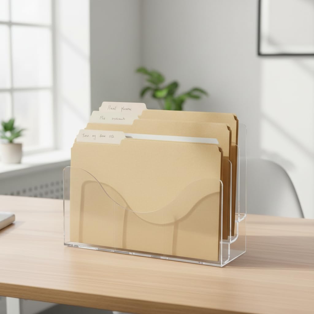 Azar Displays 250099 - Soporte organizador de pared de computadora con divisores para folletos y archivos, soporte de archivo acrílico, transparente