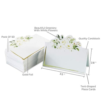 Kate Aspen - Decoración de fiesta verde salvia, tarjetas de tienda de campaña floral de eucalipto (juego de 50), perfectas para baby shower y despedidas de novia