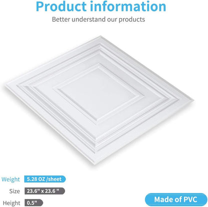 Art3d - Azulejos de techo caídos de 24 x 24 pulgadas (paquete de 12, 48 pies cuadrados) - Azulejos de techo de PVC de 2 x 2 pies, paneles decorativos de techo para cocina, sala de estar, oficina y