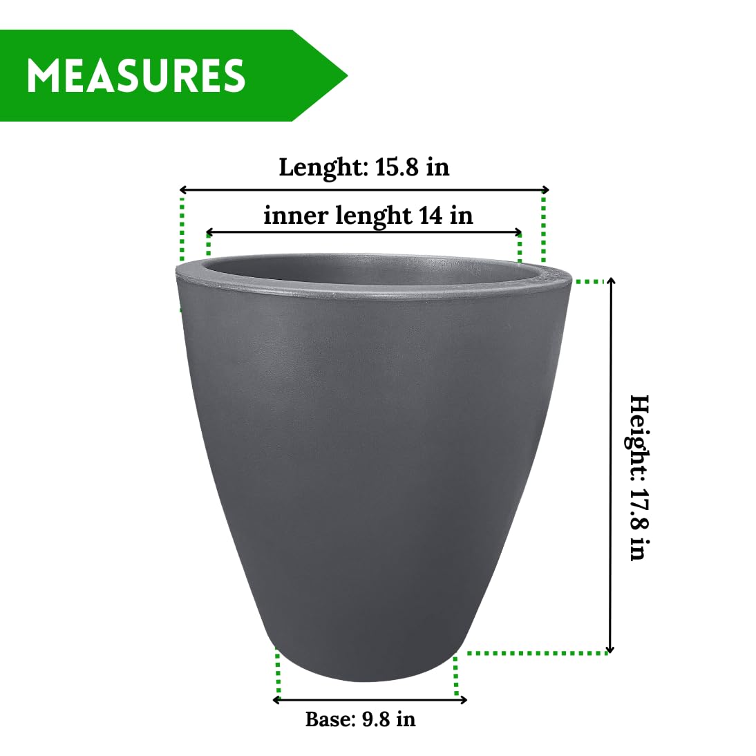 Elly Décor - Maceta de plástico de 17 Pulgadas para jardín con Drenaje, Redonda Grande, Ligera y Extremadamente Duradera, Maceta de plástico para Interior/Exterior, 17 x 15 x 9 Pulgadas, Color Gris