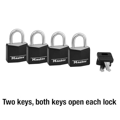 Master Lock Candado recubierto de aluminio, 3 cm de ancho, negro, 131T, Paquete de 4, 1-3/16 in. W, Negro