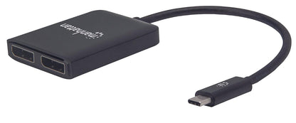 MANHATTAN Cable Adaptador USB-C a Dual DisplayPort 1.2, 4K@30Hz, 19.5cm, Macho a Hembra, USB-C a 2X DisplayPorts, MST Hub, Espejo, Negro, garantía de Tres años, ampolla