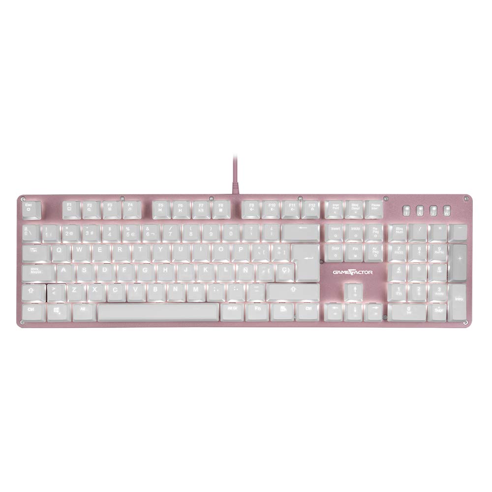 Game Factor KBG400-PK-BL Teclado Mecánico Gamer Rosa con Retroiluminación Blanca Estructura Metálica Antighosting Switch Blue