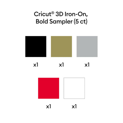 Cricut 3-D Iron On - Muestreador de 5 pies, hojas de 12 x 12 pulgadas (5 unidades) - Vinilo de transferencia de calor HTV