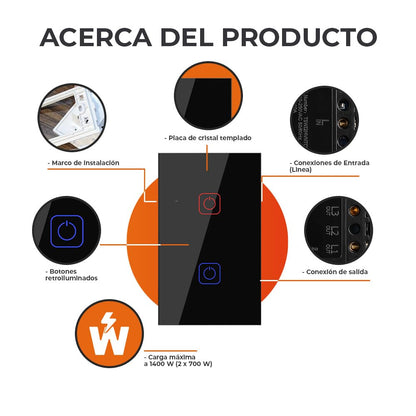 Tecnolite Connect - Apagador Inteligente Táctil WiFi 2 Circuitos, Sin Cable Neutro, Compatible con App móvil, Alexa, Google y Siri, Interruptor Inteligente