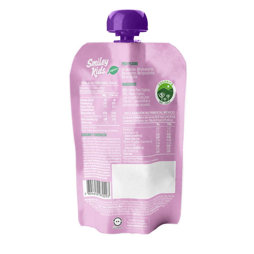 Smiley Kids Caja/18 Papillas Organica Mix Smoothie yogurt + Smoothie coco + Papilla pera-plátano