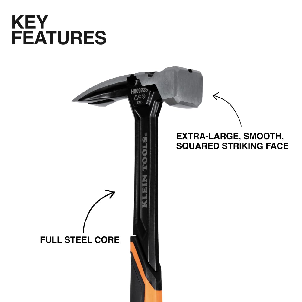 Klein Tools H80922S - Martillo de encuadre de cara lisa con garra recta, acero forjado de 22 onzas, iniciador de uñas magnético y cara cuadrada extragrande