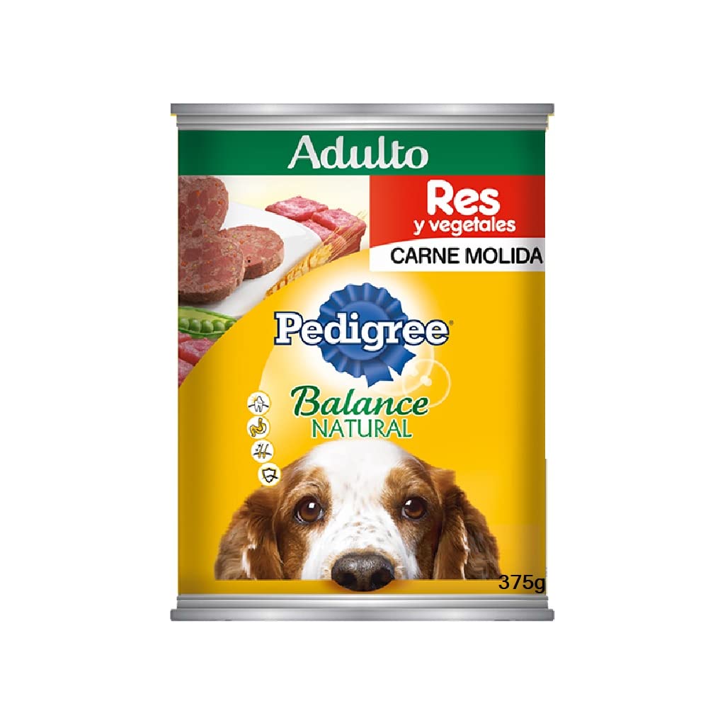 PEDIGREE Alimento para Perros Adultos, Balance Natural, Sabor Res Y Vegetales En Carne Molida 375 Gr, Paquete De 24 Latas
