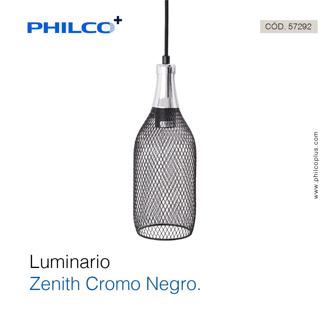 Philco Luminario Zenith Cromo Negro. Cuerpo de metal negro para suspender, base E26, acabado en cromo birllante, exclusivo para interiores. Cable de suspensión de 1 metro