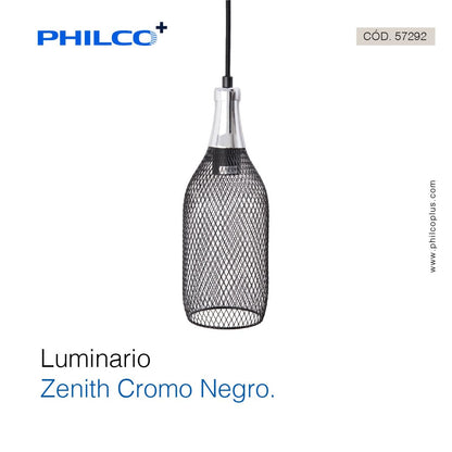 Philco Luminario Zenith Cromo Negro. Cuerpo de metal negro para suspender, base E26, acabado en cromo birllante, exclusivo para interiores. Cable de suspensión de 1 metro