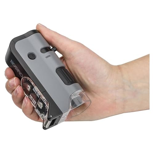 Carson Microflip 100X-250x - Microscopio de Bolsillo con Luz LED y UV, Base Deslizante Abatible y Clip de Digitalización para Smartphone (MP-250 o MP-250MU), Paquete Individual, Gris, una Talla