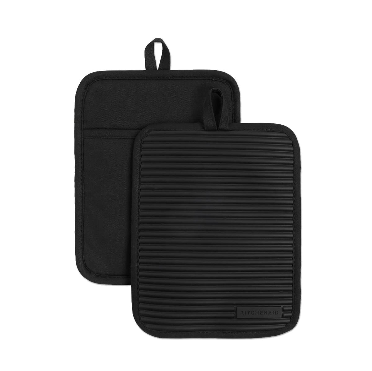 KitchenAid Juego de 2 Agarraderas de Silicona Acanaladas para Ollas - 7"x9" - Negro mate