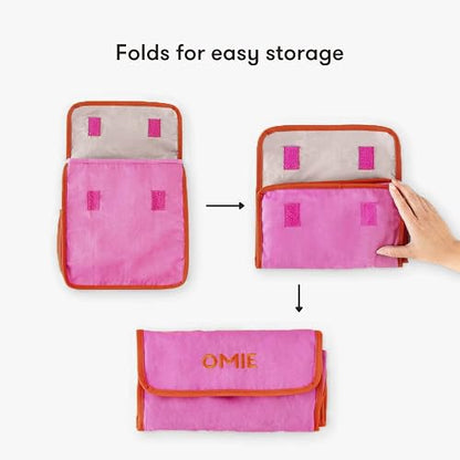 Omielife- Bolsa de almuerzo – lavable, plegable, duradera, resistente al agua, con bolsillo interior y soporte externo para botellas, Rosa