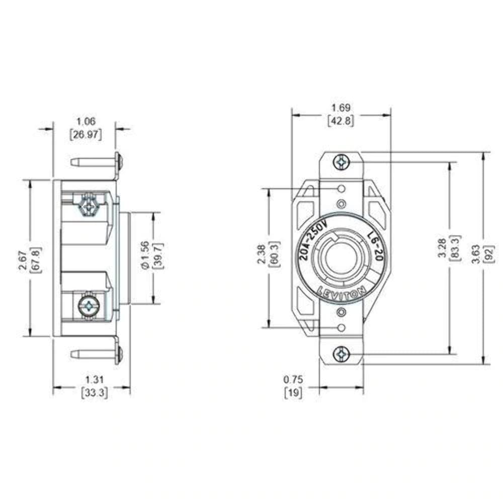 Leviton 065-02320-000 Receptáculo Media Vuelta Industrial Tierra Aislada 20A 250V 2P3H Nema L6-20R, pack of/paquete de 1