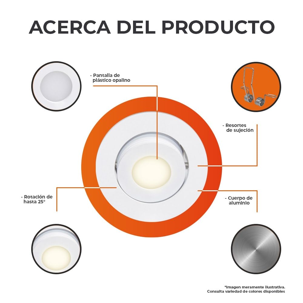 Tecnolite - Lámpara Downlight LED Empotrable Dirigible 3 W, Luz Suave Cálida, Atenuable, LED integrado