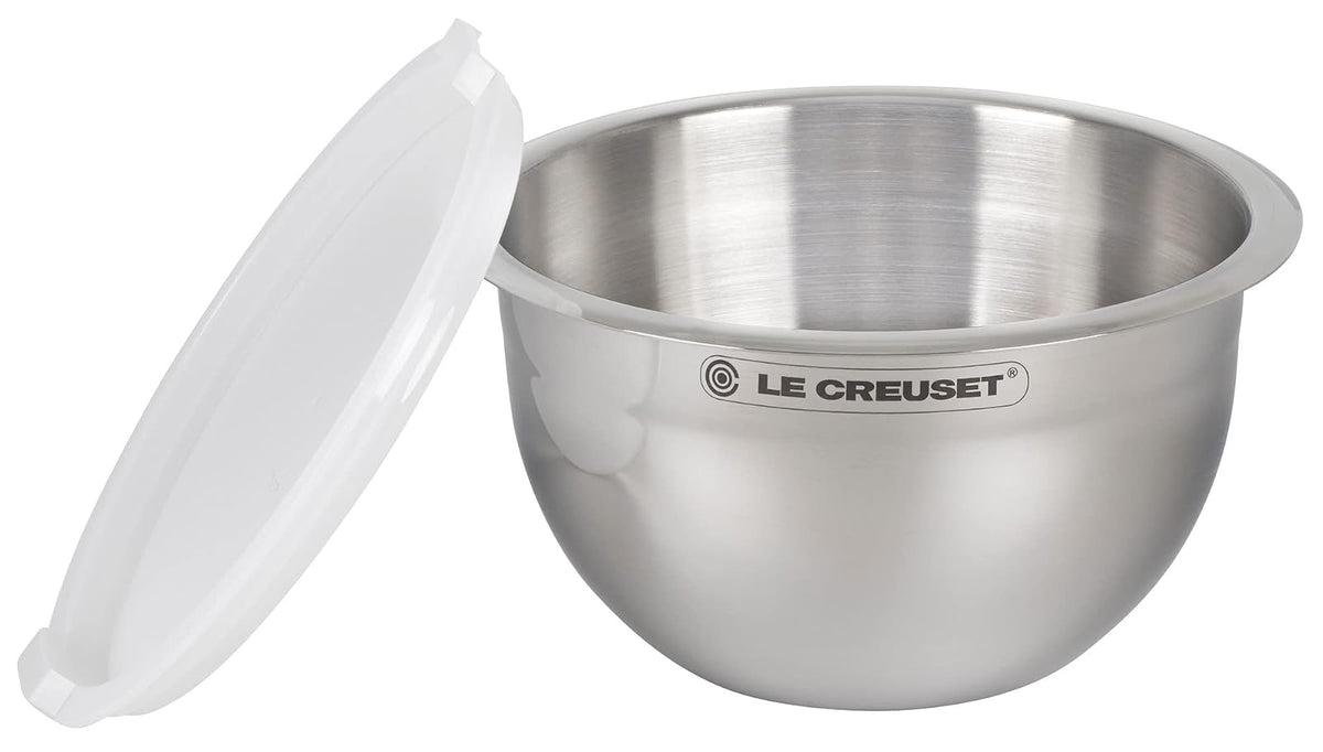 Le Creuset - Juego de 3 cuencos para mezclar anidados con base de silicona antideslizante y tapas herméticas de plástico, tamaño grande, acero inoxidable