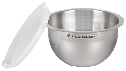 Le Creuset - Juego de 3 cuencos para mezclar anidados con base de silicona antideslizante y tapas herméticas de plástico, tamaño grande, acero inoxidable