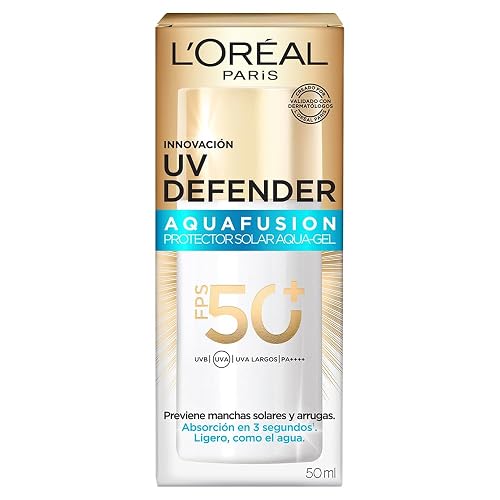 L'Oréal Paris UV Defender Aquafusion Protector Solar Diario FPS50+, Protector Solar Aqua-Gel, Previene Manchas Solares y Arrugas, Absorción Rápida en 3 Segundos, 50ml.