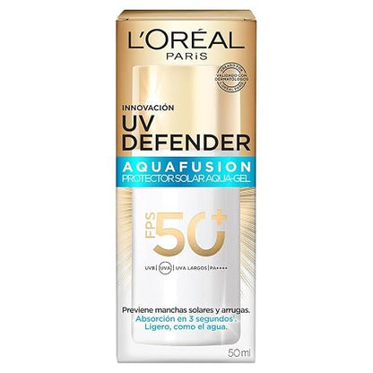 L'Oréal Paris UV Defender Aquafusion Protector Solar Diario FPS50+, Protector Solar Aqua-Gel, Previene Manchas Solares y Arrugas, Absorción Rápida en 3 Segundos, 50ml.