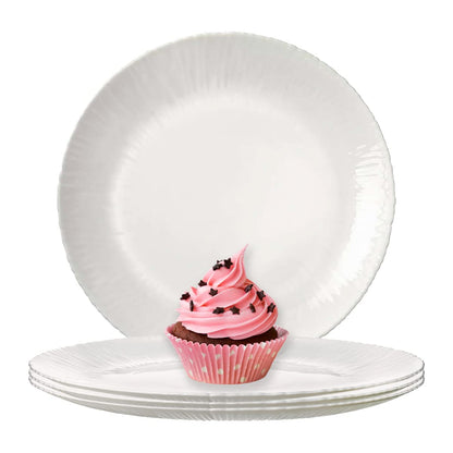 Trilogy | Set de 4 Platos Pequeños Postre o Ensalada Modernos, de Vidrio Opal Templado en Forma de Coco con Líneas en Relieve, Colección Tropicale, Redondos, Blanco, 20 cm, Hecho en Italia