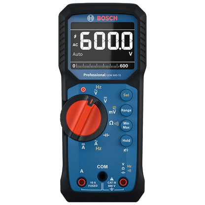 Multímetro Bosch GDM 600-15 | True RMS, LCD invertido, mide frecuencia/continuidad/resistencia/capacitancia, mín./máx/promedio, cables de prueba MS 90