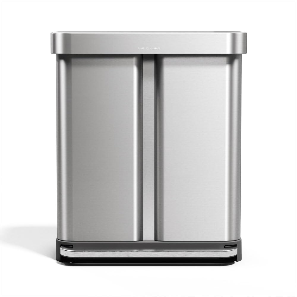 simplehuman Cubo Rectangular Doble con Pedal de Reciclaje, 58 litros/15.3 galones, Acero Inoxidable Cepillado con Tapa de plástico de Cierre Suave para Cocina