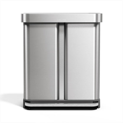 simplehuman Cubo Rectangular Doble con Pedal de Reciclaje, 58 litros/15.3 galones, Acero Inoxidable Cepillado con Tapa de plástico de Cierre Suave para Cocina
