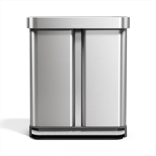 simplehuman Cubo Rectangular Doble con Pedal de Reciclaje, 58 litros/15.3 galones, Acero Inoxidable Cepillado con Tapa de plástico de Cierre Suave para Cocina
