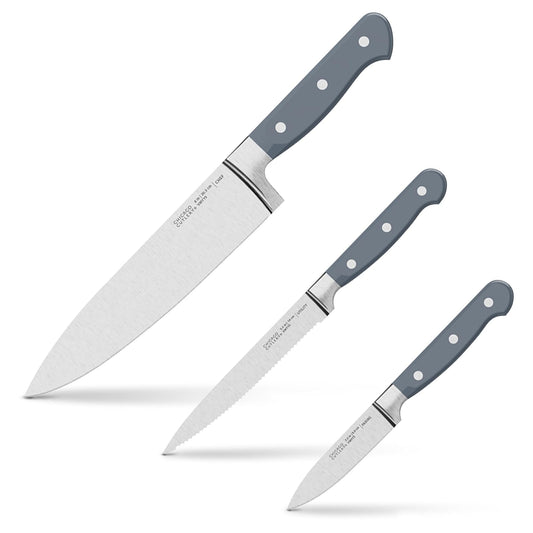 Chicago Cutlery Halsted (3 piezas) Juego de cubiertos y bloques de madera, asas ergonómicas y juego de cubiertos de chef profesional de acero inoxidable afilado