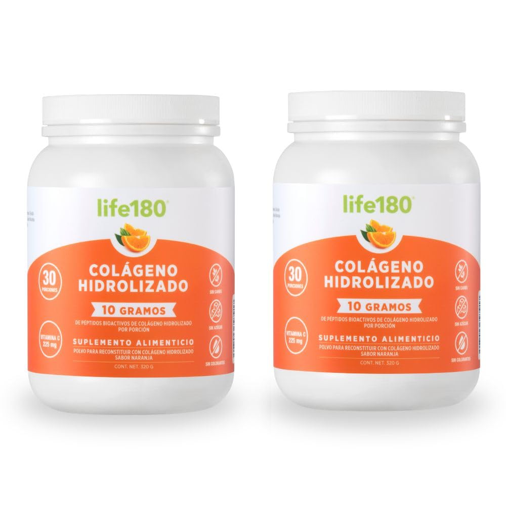 Life180 Colágeno Hidrolizado con Biotina y Vitamina E Sabor Naranja, Pack de 2 - 10 g - 450 g (Paquete de 2)